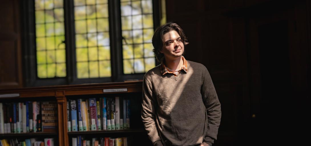 Jack Ciavolella stands near a window in Linderman Library looking off into the distance.